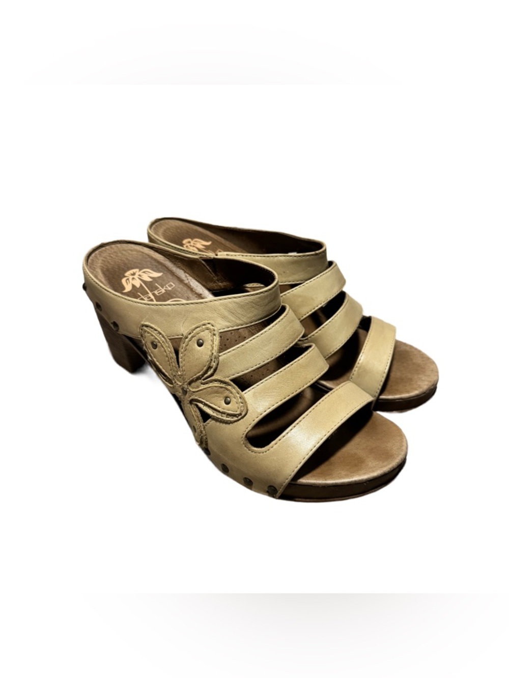 Dansko Nigella Leather Mule Strappy Sandal Women's 38 Tan Floral Block Heel Cute - Picture 2 of 7